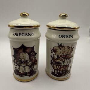 Vintage MJ Hummel Porcelain Spice Jars 1987 Danbury 24k Trim Japan Set Of 2